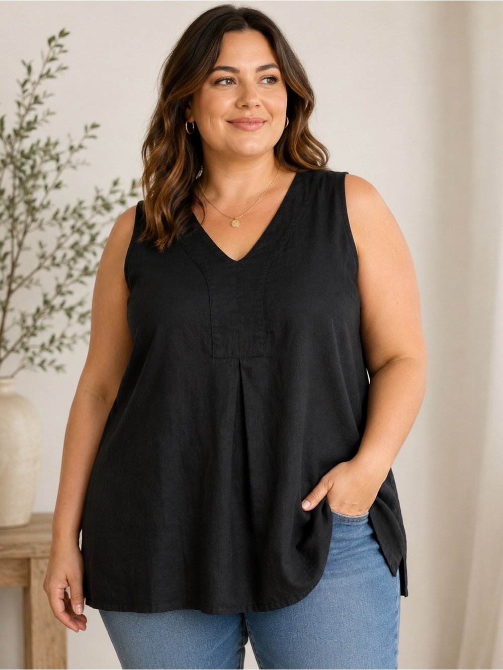 Croft & Barrow Black Linen Blend Tunic Tank Top 2X Plus Size Minimalist